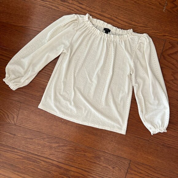 Ann Taylor Eyelet Ivory Smocked Neck Puffed Sleeve Blouse Size XS balloon sleeve - Picture 11 of 12